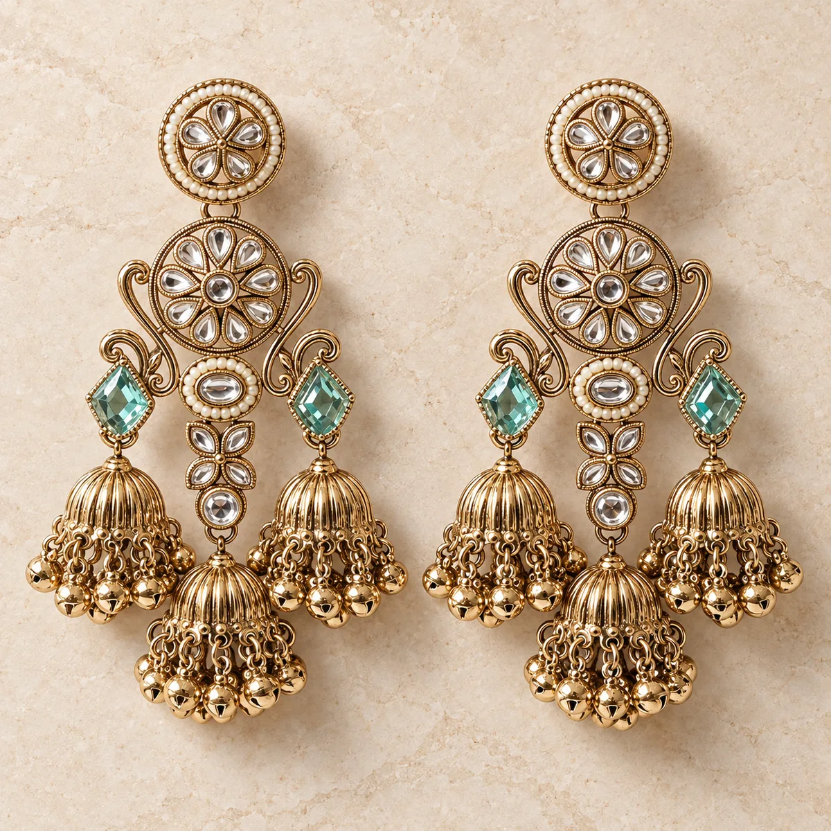 Antique Gold Sea Green Triple Jhumka Chandelier Earrings — view 1