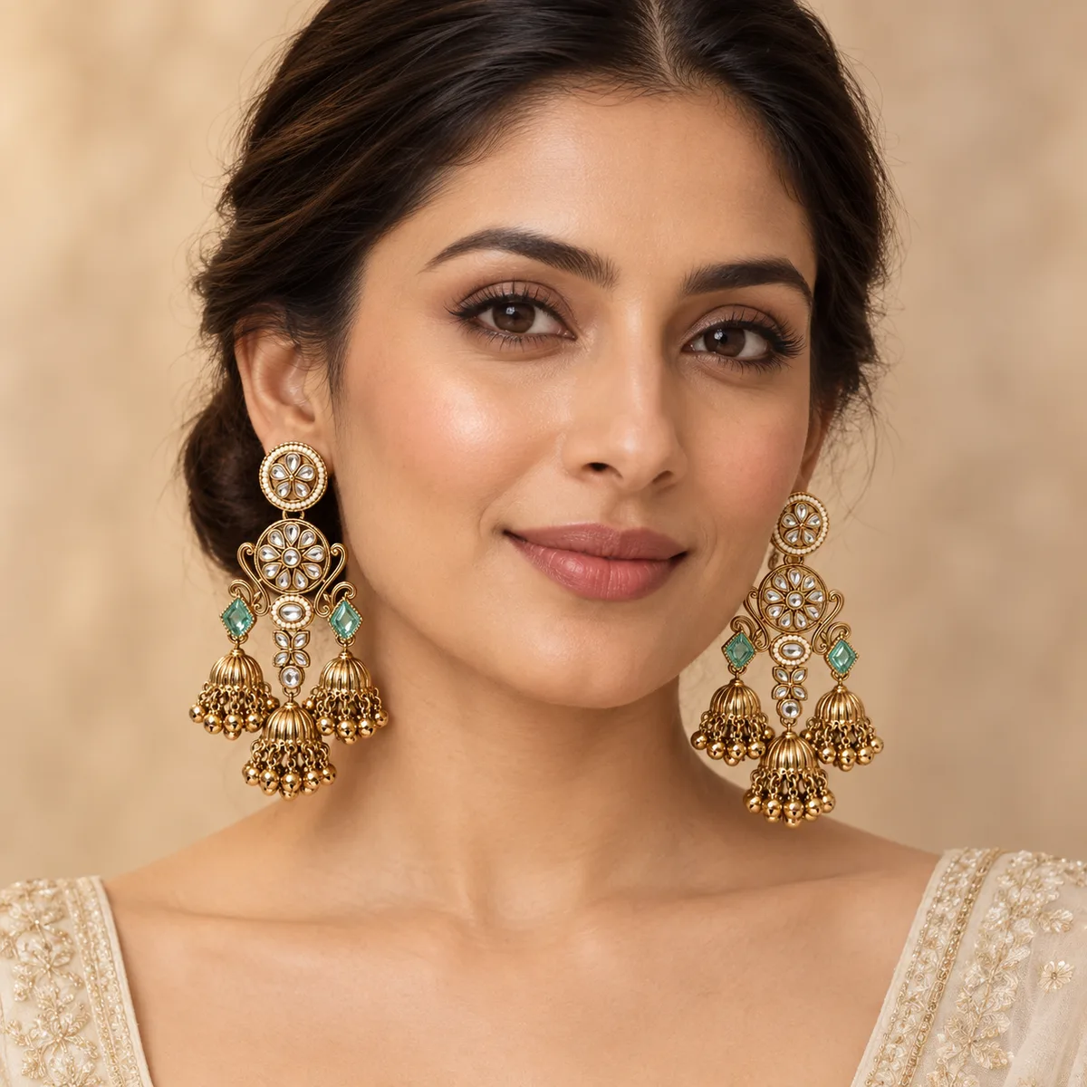 Antique Gold Sea Green Triple Jhumka Chandelier Earrings — view 4