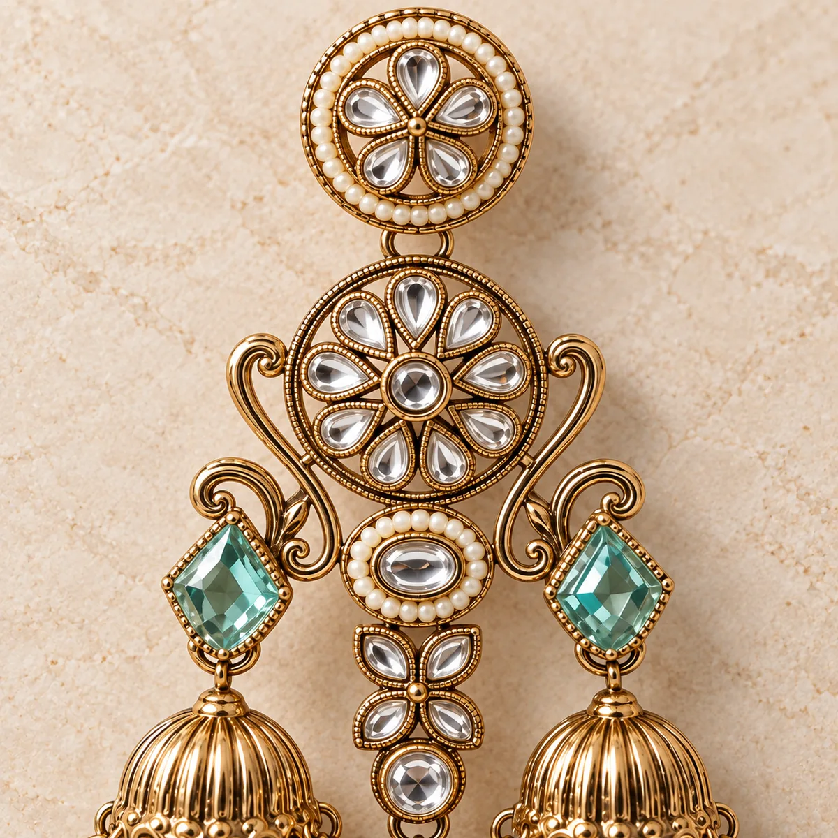 Antique Gold Sea Green Triple Jhumka Chandelier Earrings — view 2