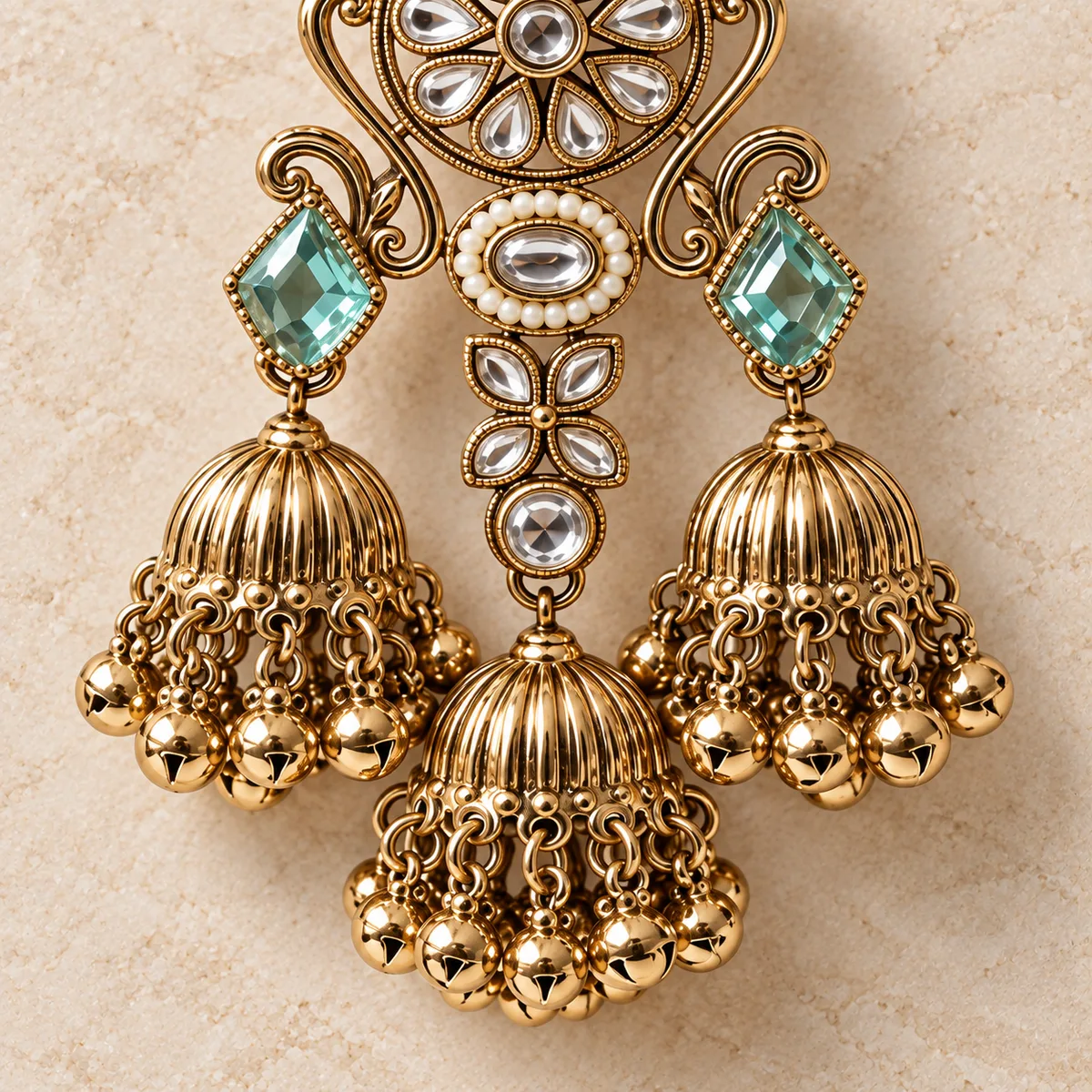 Antique Gold Sea Green Triple Jhumka Chandelier Earrings — view 3