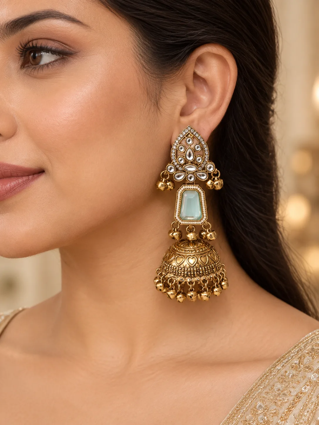 Aqua Kundan Jhumka Earring Set — view 4