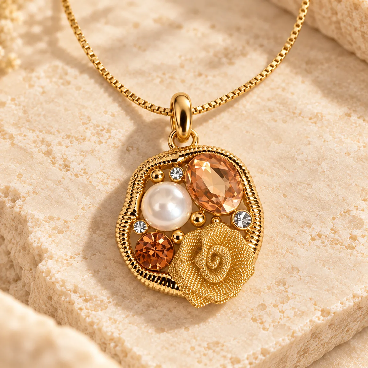 Champagne Pearl Gold Rose Pendant Earring Set — view 2