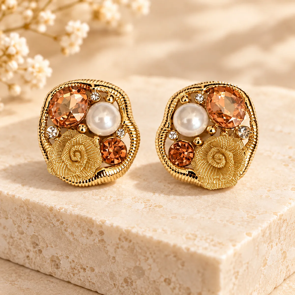 Champagne Pearl Gold Rose Pendant Earring Set — view 3