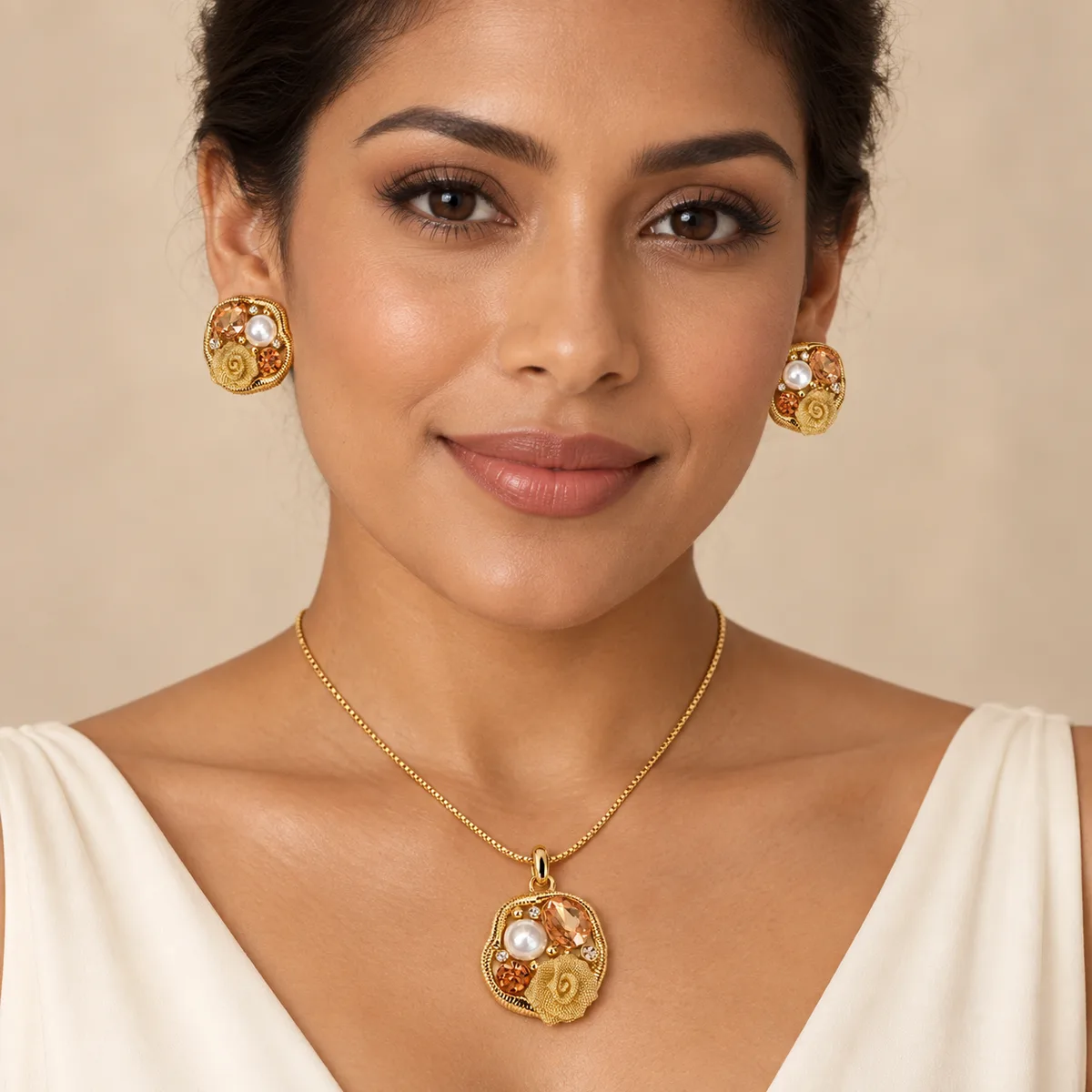 Champagne Pearl Gold Rose Pendant Earring Set — view 4