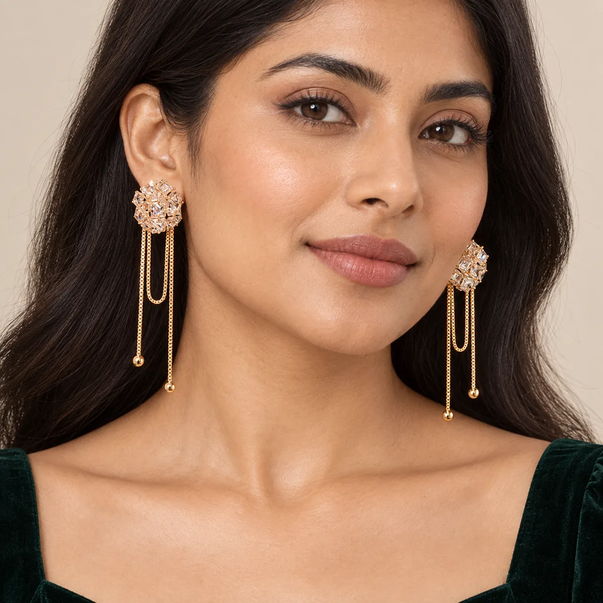 Clear Crystal Cluster Loop Chain Drop Earrings — view 4
