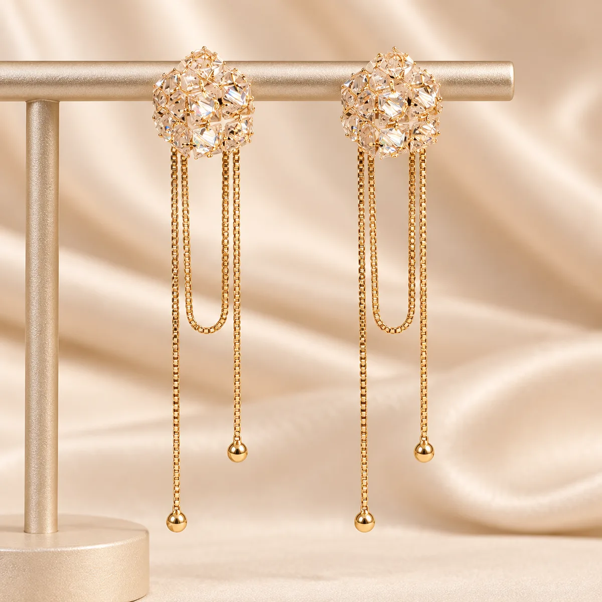 Clear Crystal Cluster Loop Chain Drop Earrings — view 3