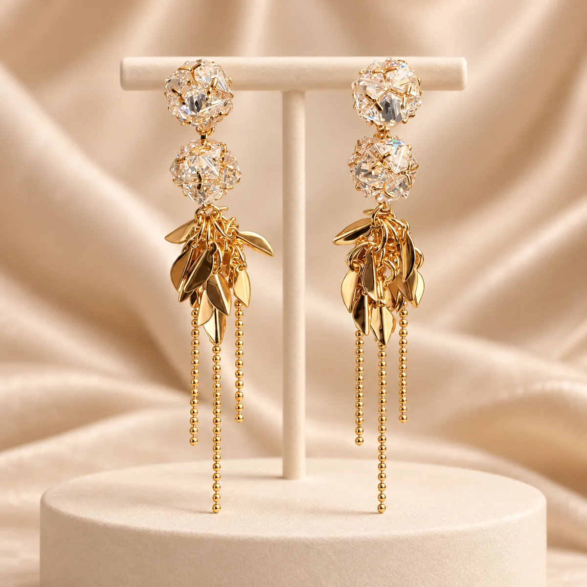 Clear Crystal Gold Leaf Chain Drop Earrings — view 3