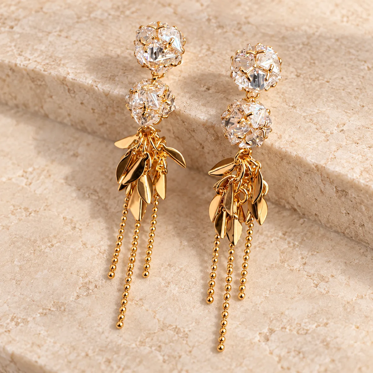 Clear Crystal Gold Leaf Chain Drop Earrings — view 2