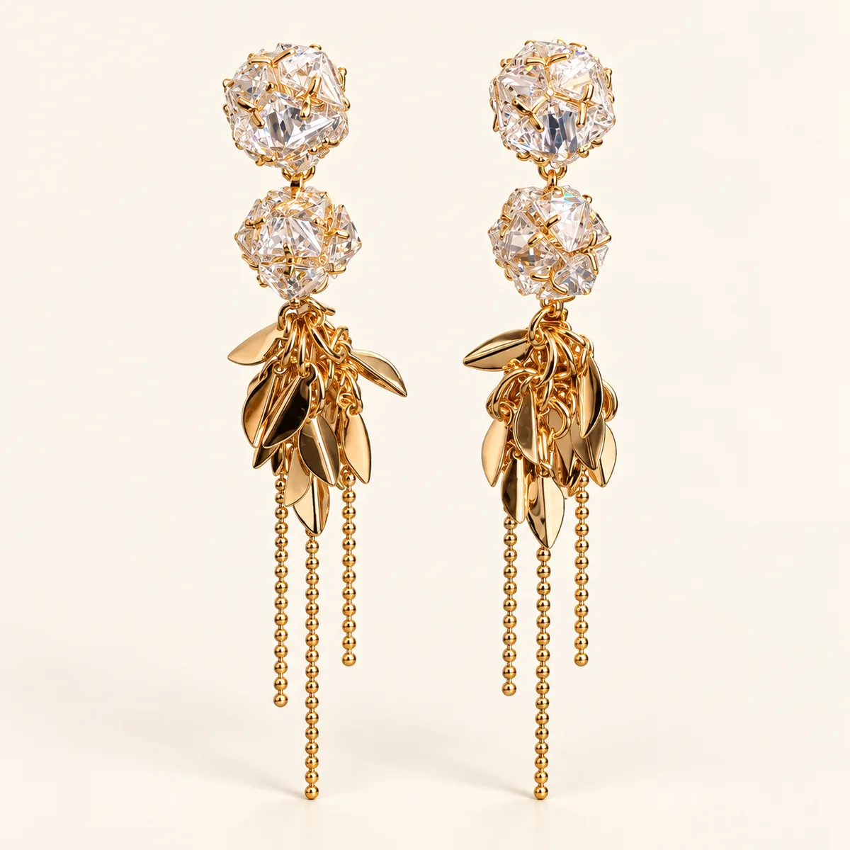 Clear Crystal Gold Leaf Chain Drop Earrings — view 1