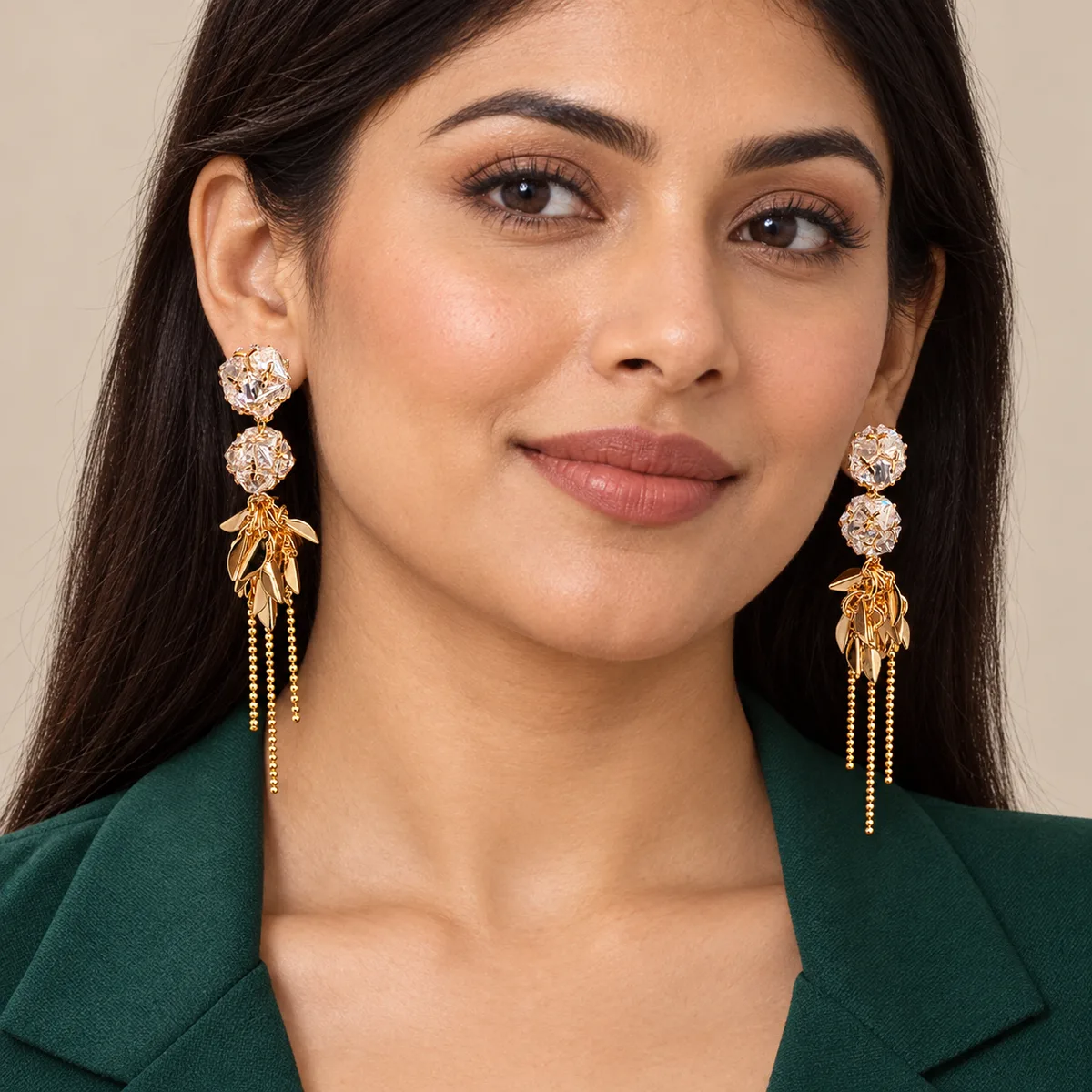Clear Crystal Gold Leaf Chain Drop Earrings — view 4