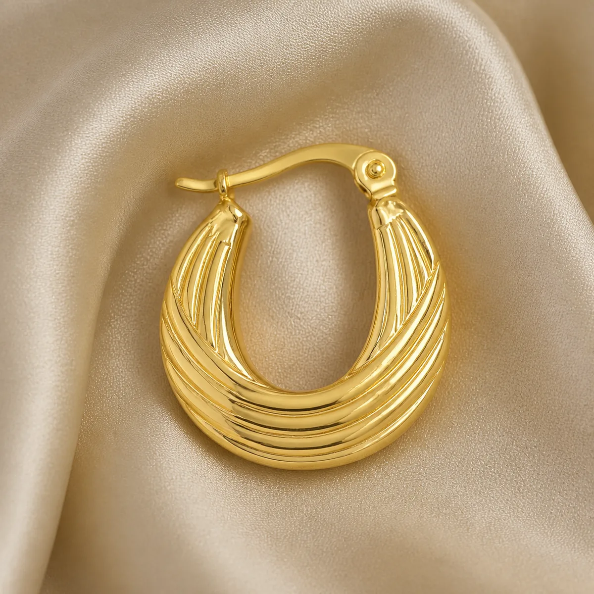 Compact Layered Groove Teardrop Hoop Earrings — view 2