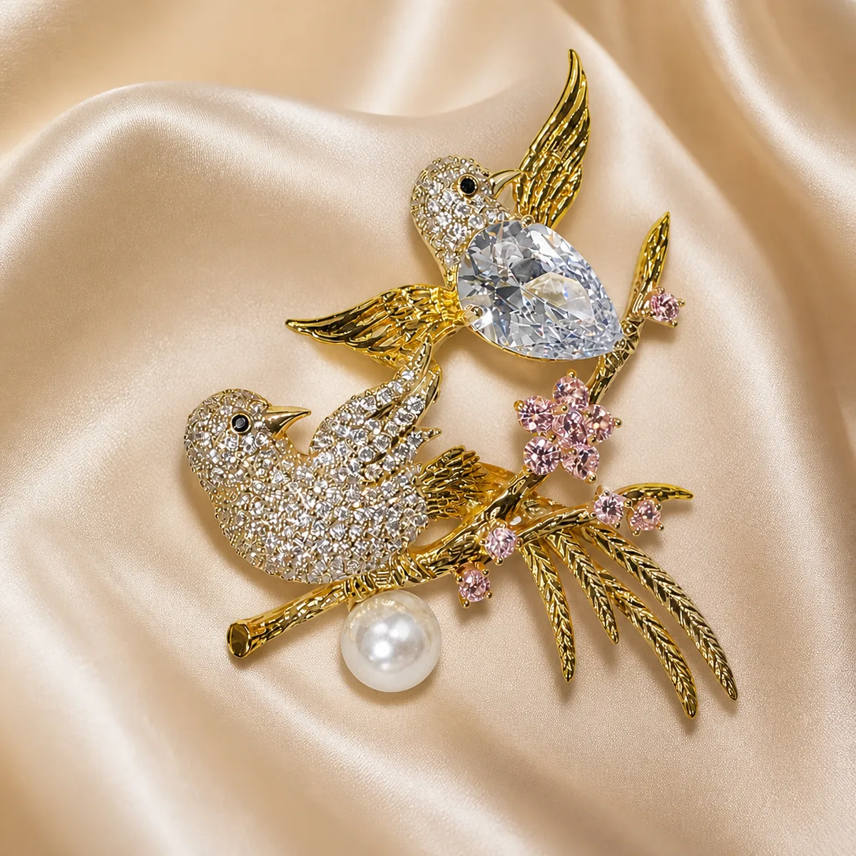 Double Bird Pearl Crystal Floral Branch Brooch — view 2