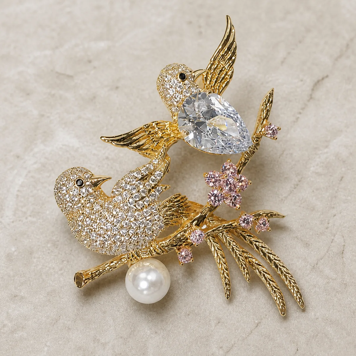 Double Bird Pearl Crystal Floral Branch Brooch — view 3
