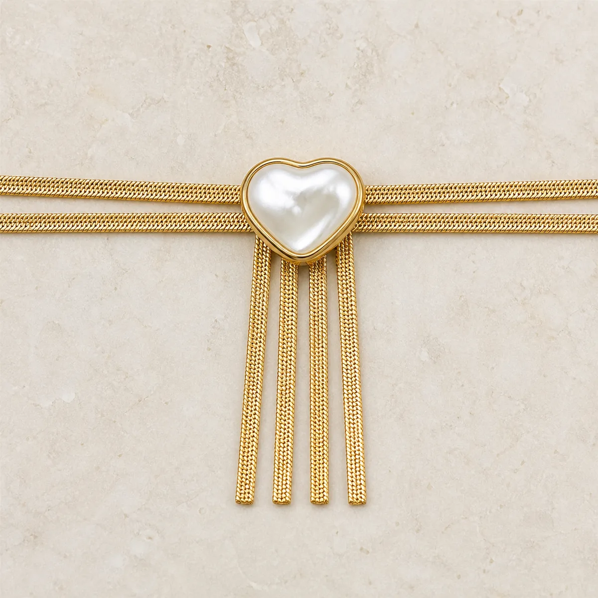 Double Gold Snake Chain Pearl Heart Four Tassel Necklace — view 3