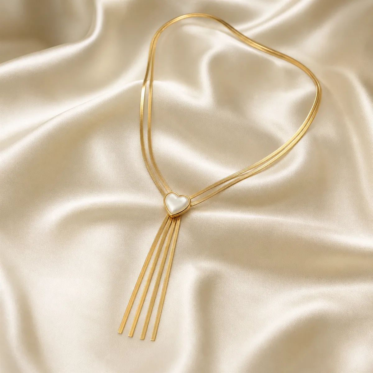 Double Gold Snake Chain Pearl Heart Four Tassel Necklace — view 2