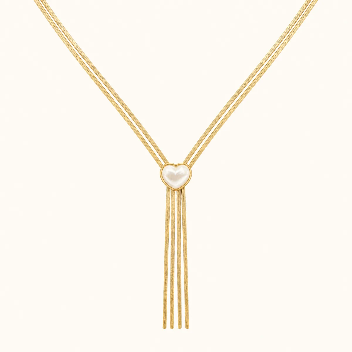 Double Gold Snake Chain Pearl Heart Four Tassel Necklace — view 1