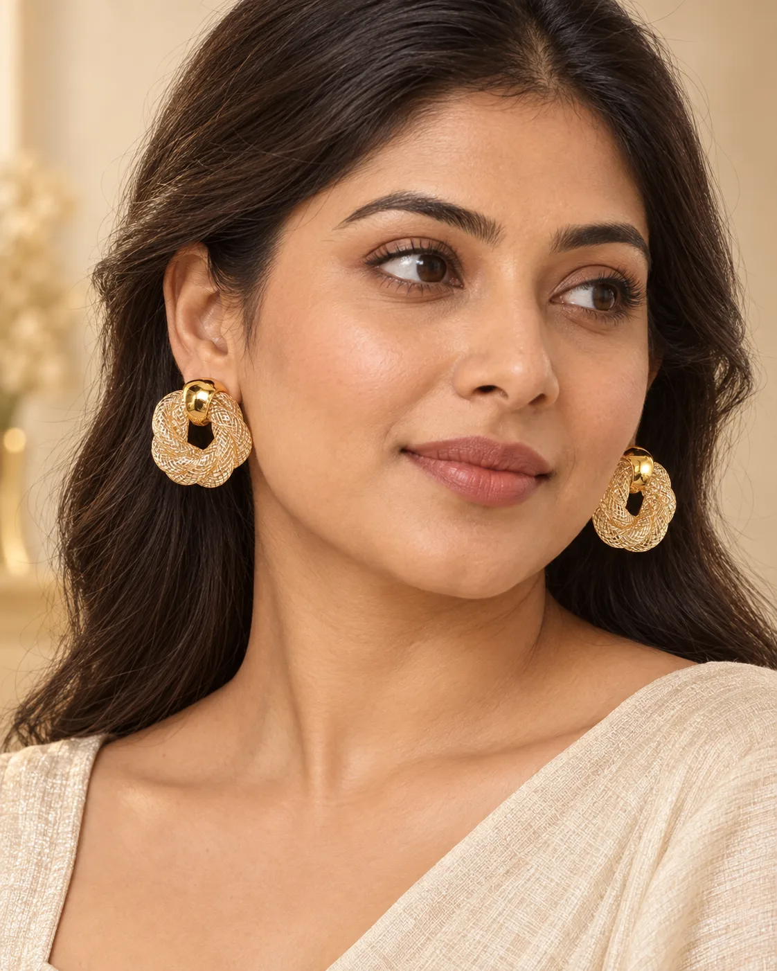 Gold Mesh Knot Earrings — view 3