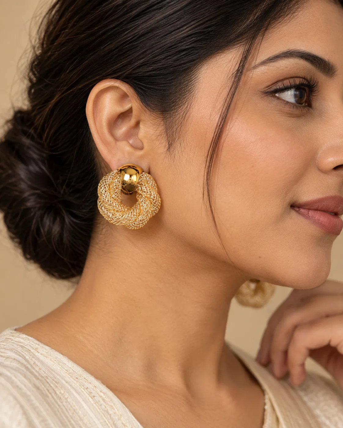 Gold Mesh Knot Earrings — view 4