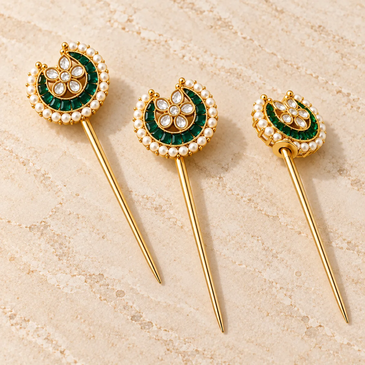 Emerald Kundan Crescent Five Piece Hair Pin Set — view 3