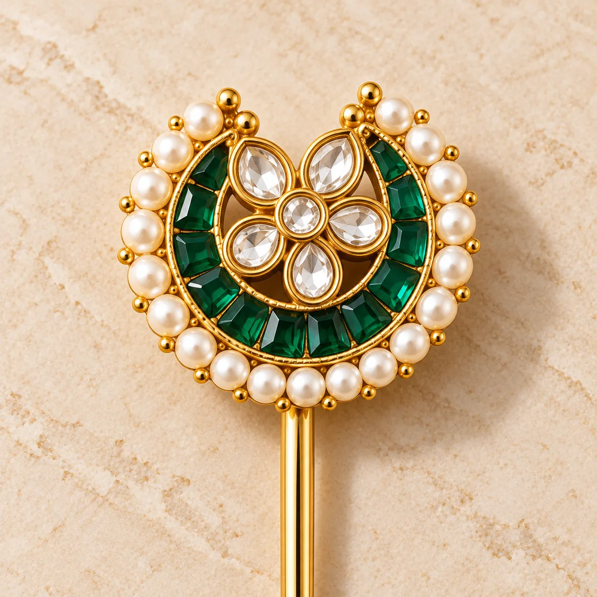 Emerald Kundan Crescent Five Piece Hair Pin Set — view 2