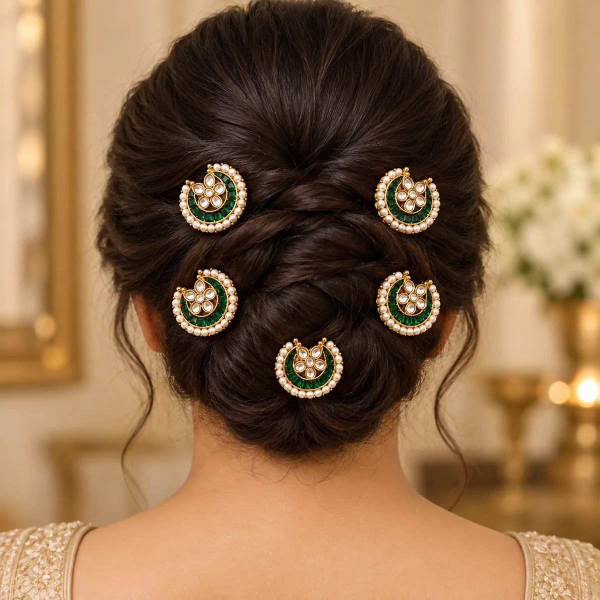 Emerald Kundan Crescent Five Piece Hair Pin Set — view 4