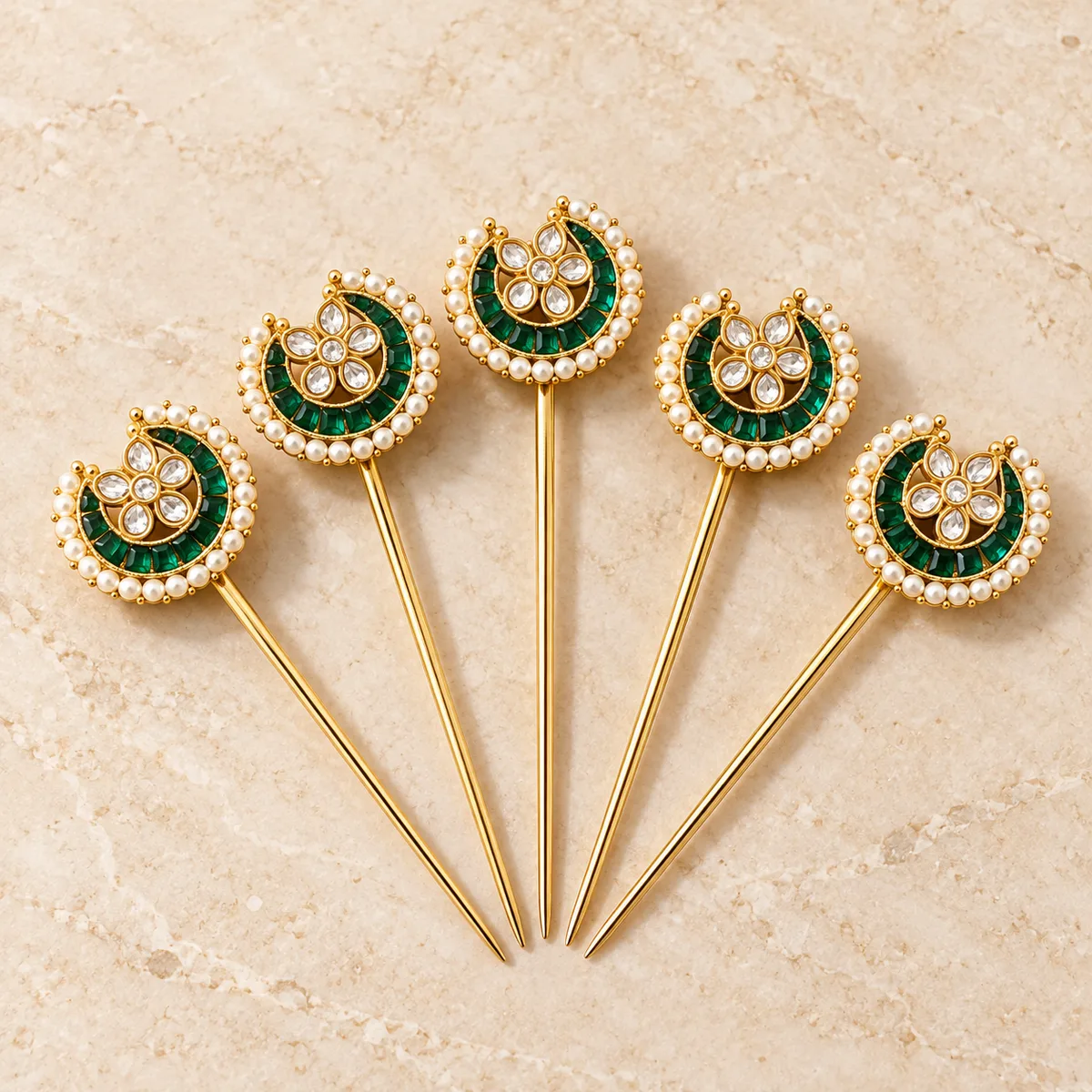 Emerald Kundan Crescent Five Piece Hair Pin Set — view 1