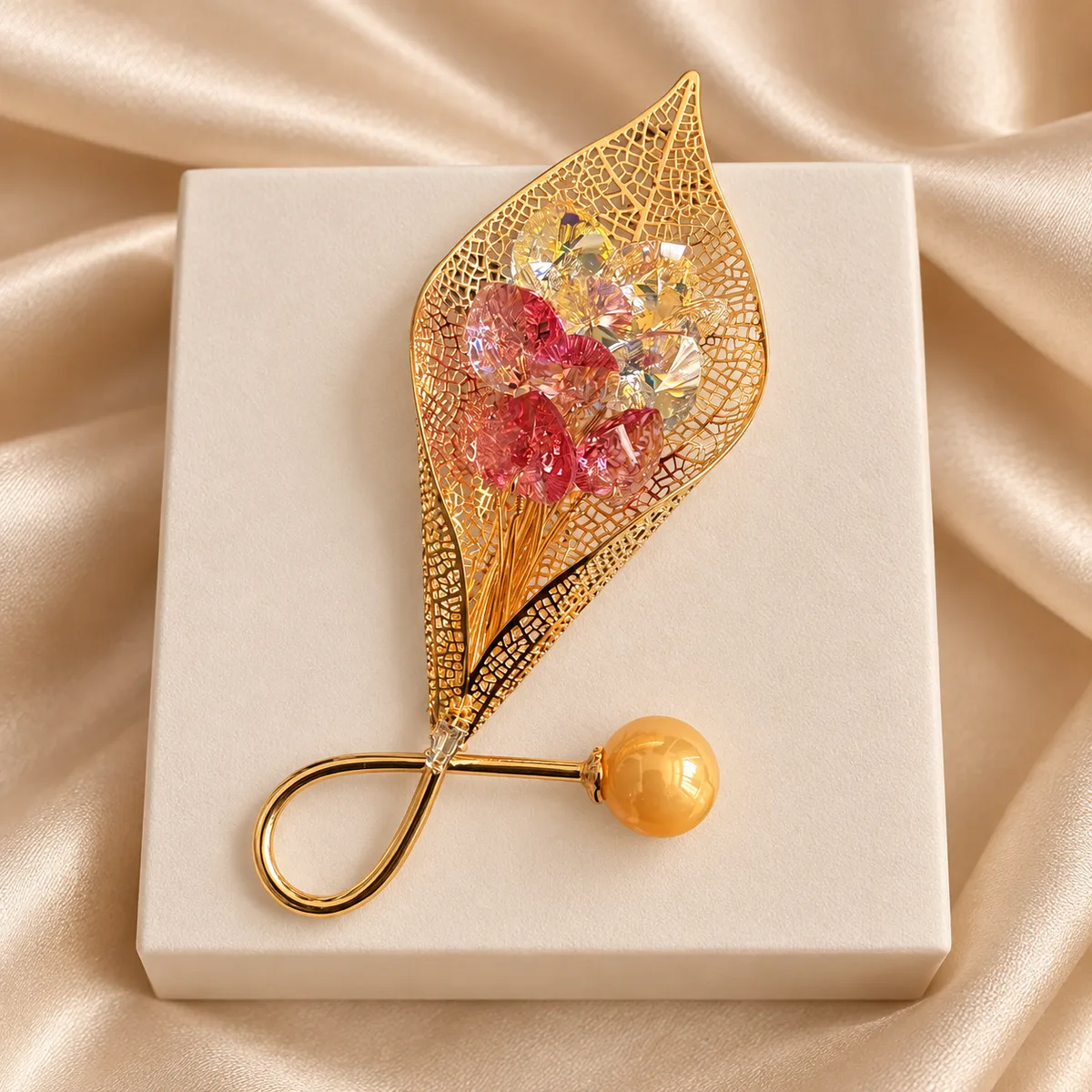 Filigree Leaf Crystal Bouquet Brooch — view 3