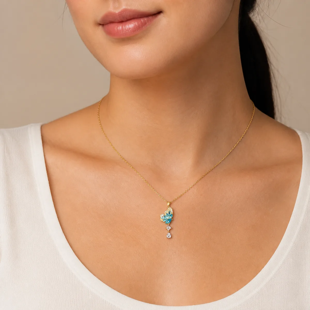 Gold Aqua Floral Kite Pear Drop Necklace — view 4