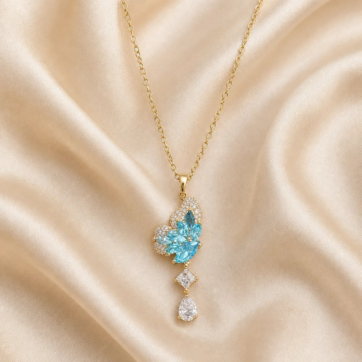 Gold Aqua Floral Kite Pear Drop Necklace — view 2