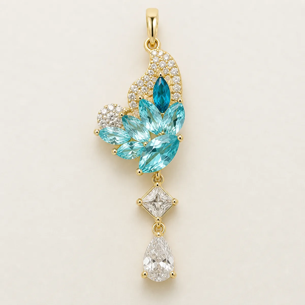 Gold Aqua Floral Kite Pear Drop Necklace — view 3