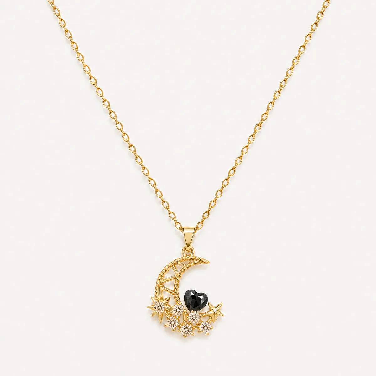 Gold Black Crystal Crescent Moon Stars Necklace — view 1