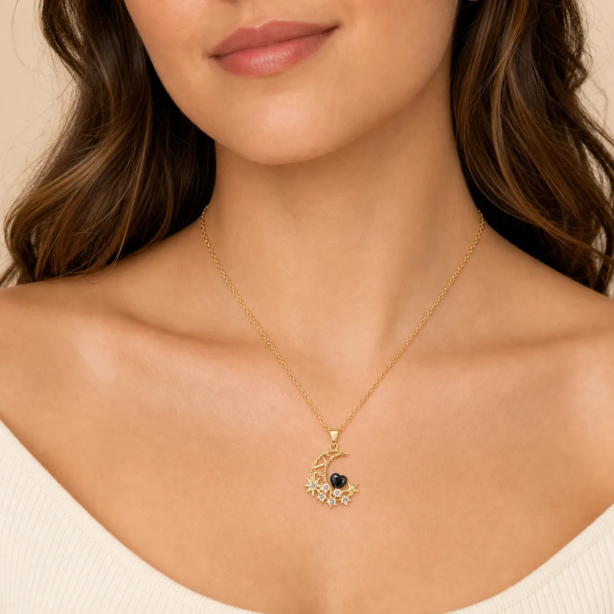 Gold Black Crystal Crescent Moon Stars Necklace — view 4
