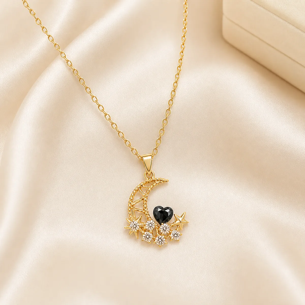 Gold Black Crystal Crescent Moon Stars Necklace — view 3