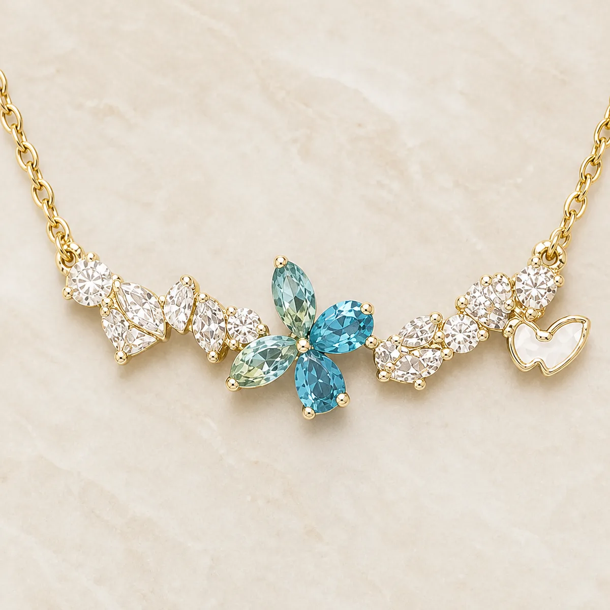 Gold Blue Crystal Butterfly Floral Bar Necklace — view 2