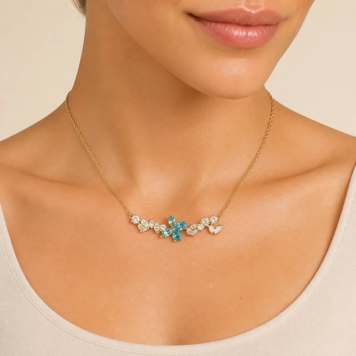 Gold Blue Crystal Butterfly Floral Bar Necklace — view 4