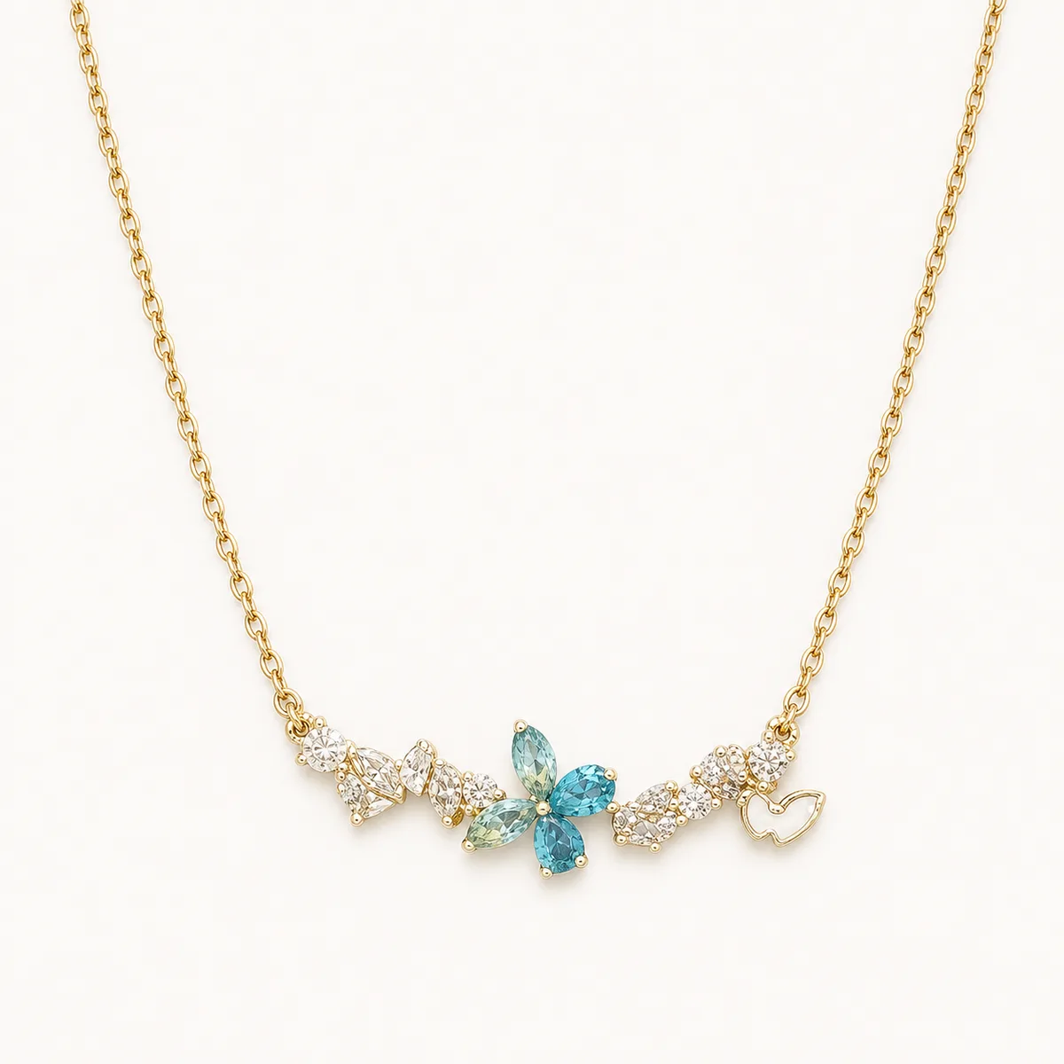 Gold Blue Crystal Butterfly Floral Bar Necklace — view 1