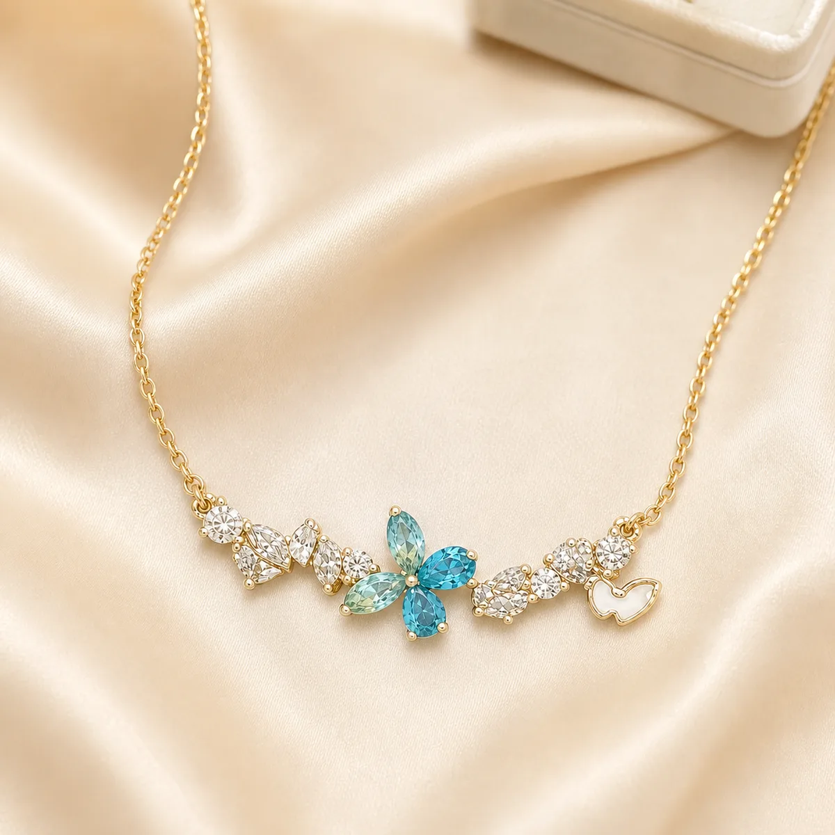 Gold Blue Crystal Butterfly Floral Bar Necklace — view 3