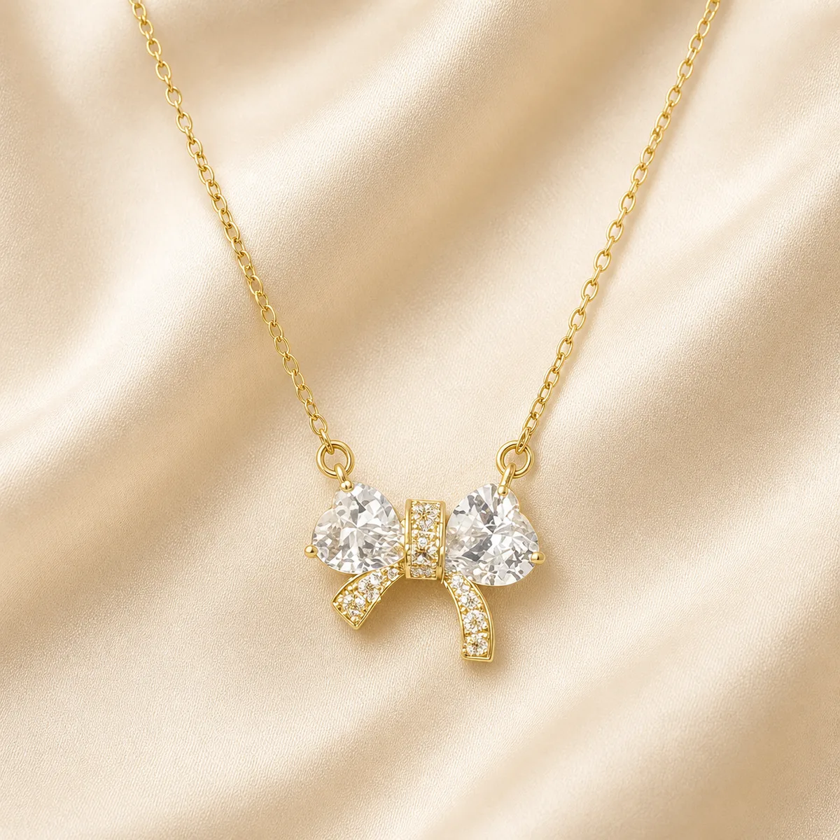 Gold Clear Crystal Bow Necklace — view 2