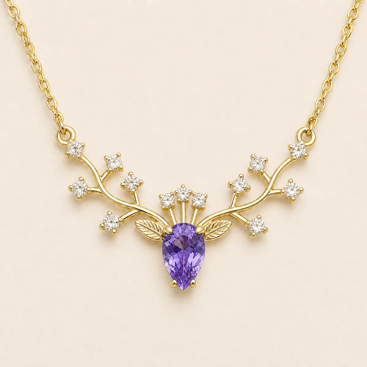 Gold Crystal Branch Purple Pear Necklace — view 3