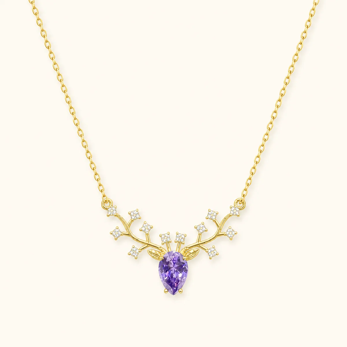 Gold Crystal Branch Purple Pear Necklace — view 1