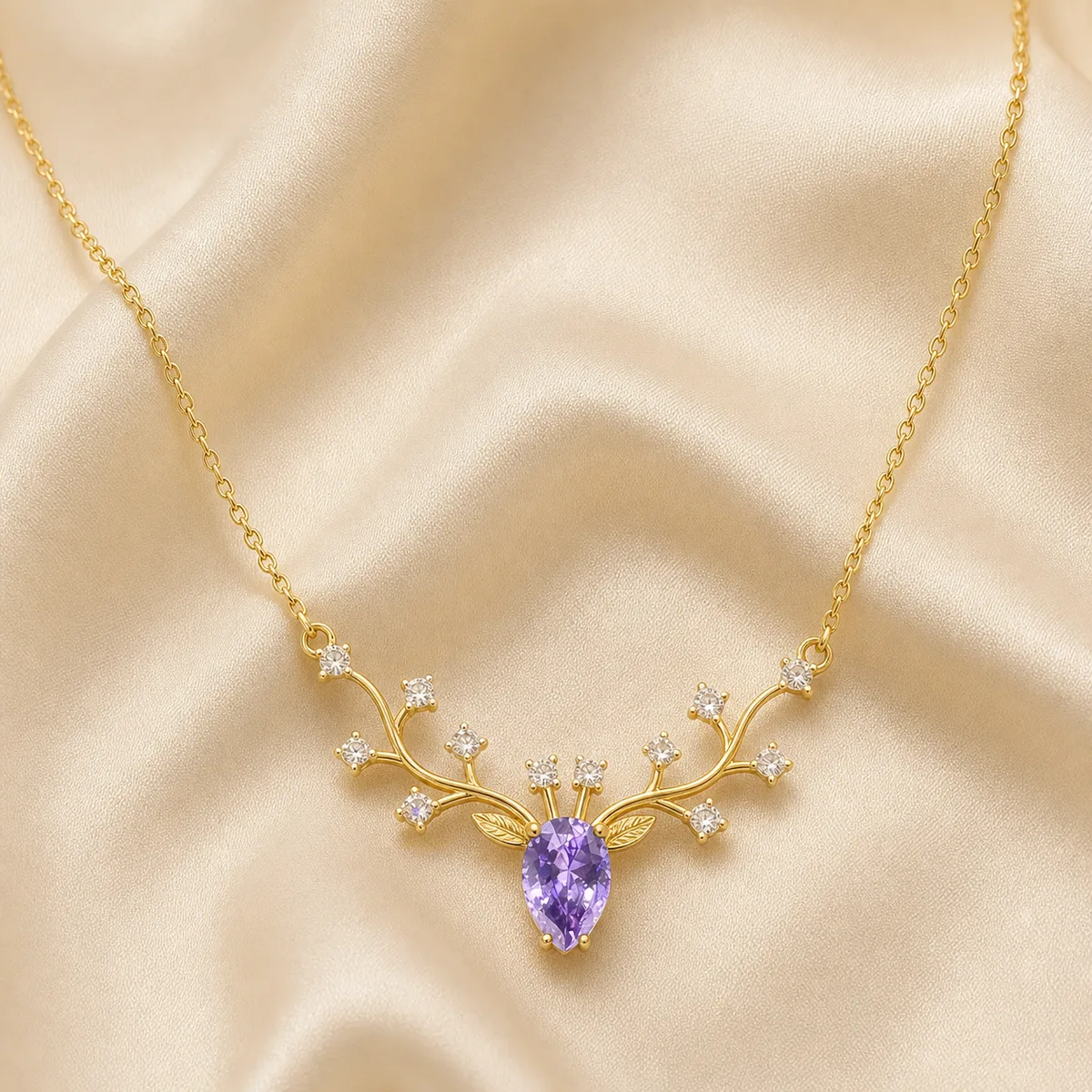Gold Crystal Branch Purple Pear Necklace — view 2