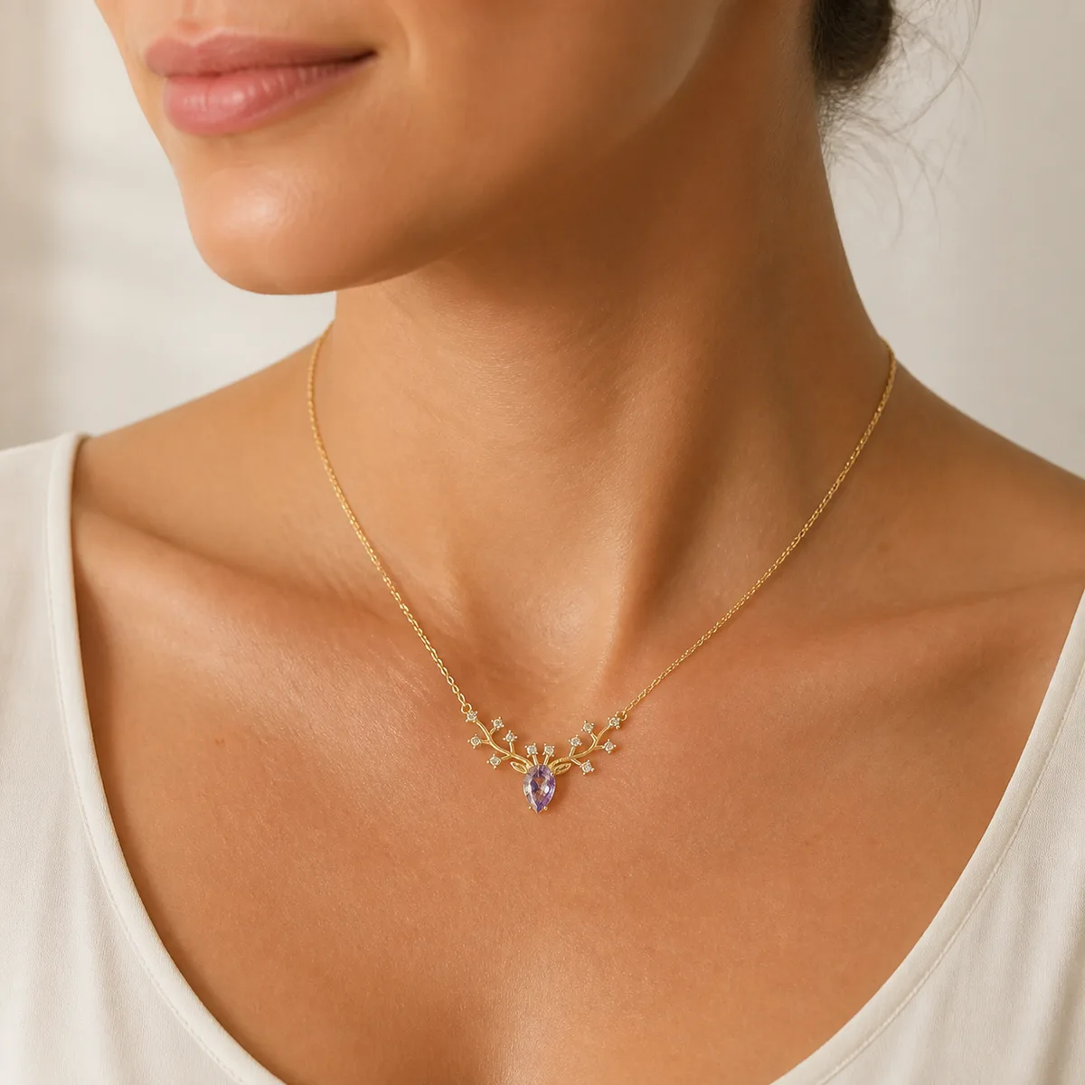 Gold Crystal Branch Purple Pear Necklace — view 4