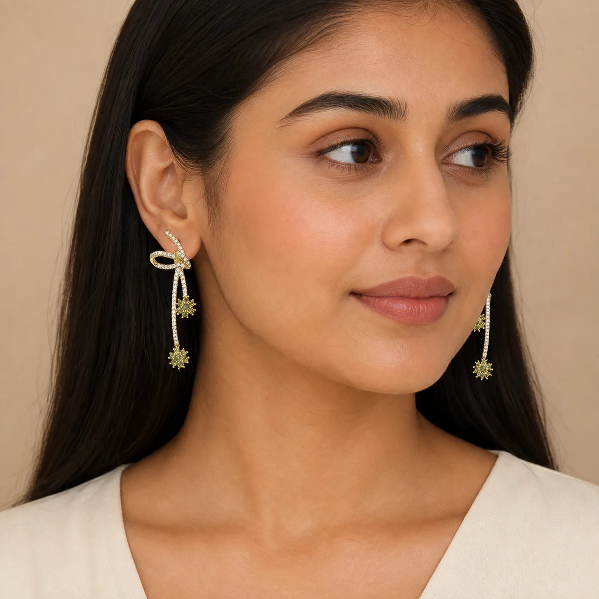 Gold Crystal Olive Starburst Bow Drop Earrings — view 4