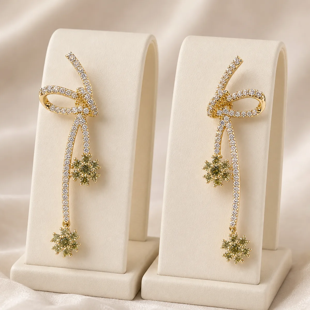 Gold Crystal Olive Starburst Bow Drop Earrings — view 3