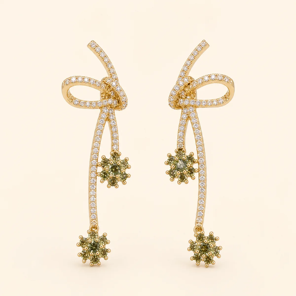 Gold Crystal Olive Starburst Bow Drop Earrings — view 1