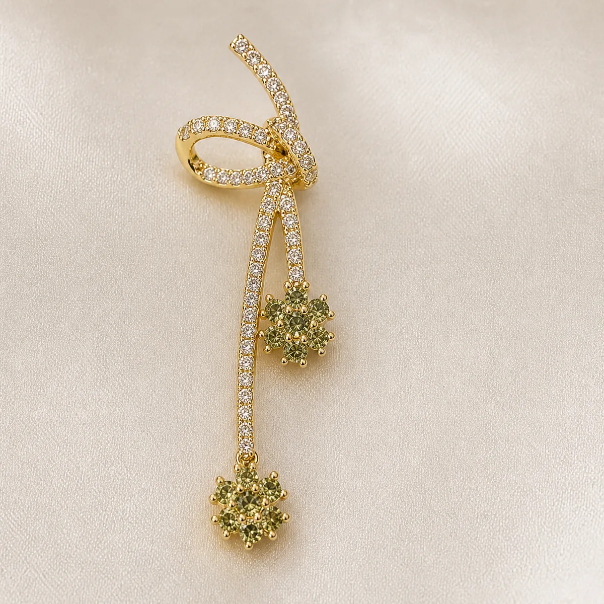 Gold Crystal Olive Starburst Bow Drop Earrings — view 2