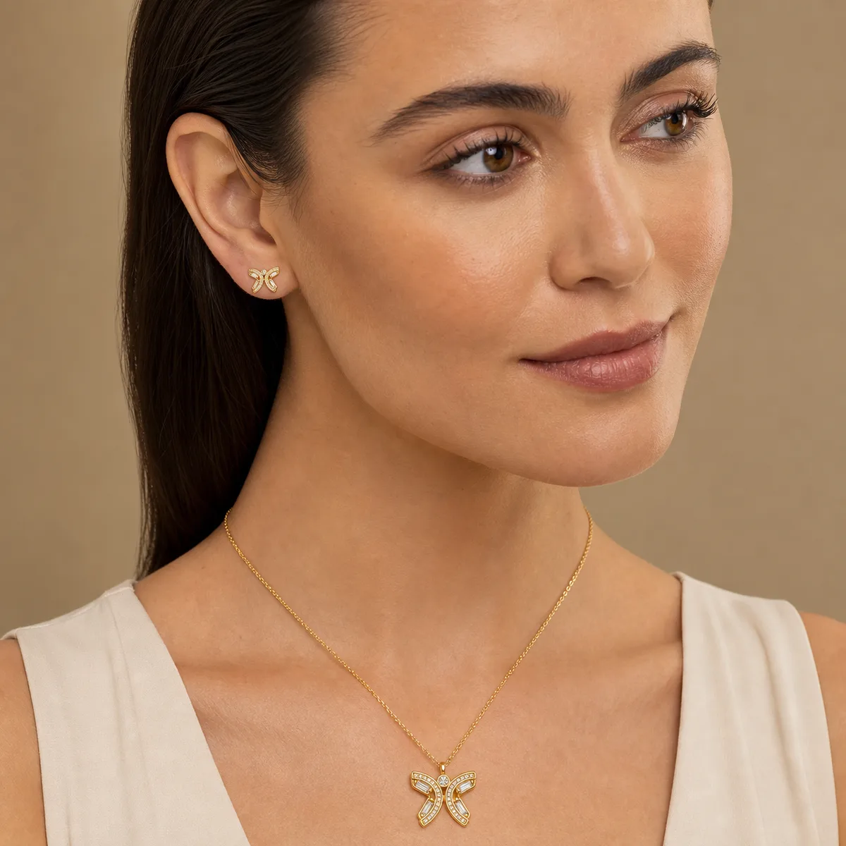 Gold Crystal Ribbon Bow Necklace Earrings — view 4