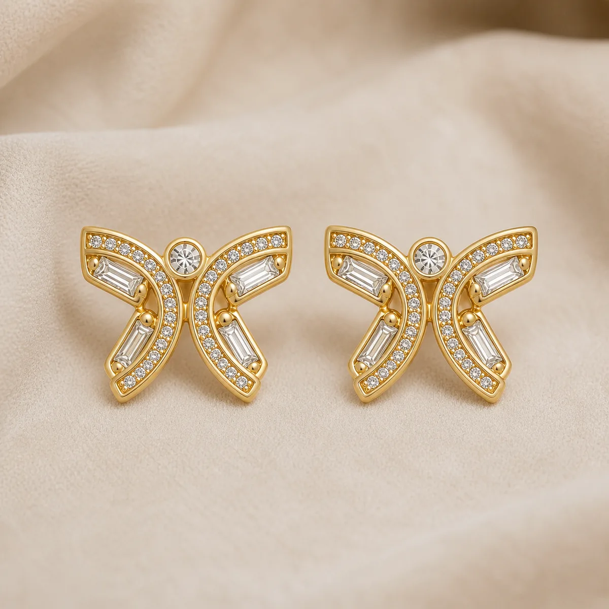 Gold Crystal Ribbon Bow Necklace Earrings — view 3