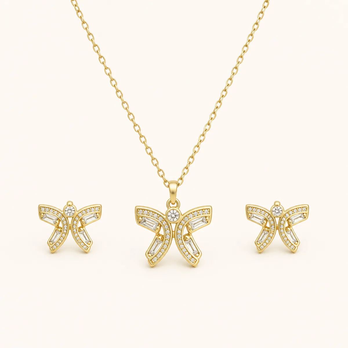 Gold Crystal Ribbon Bow Necklace Earrings — view 1