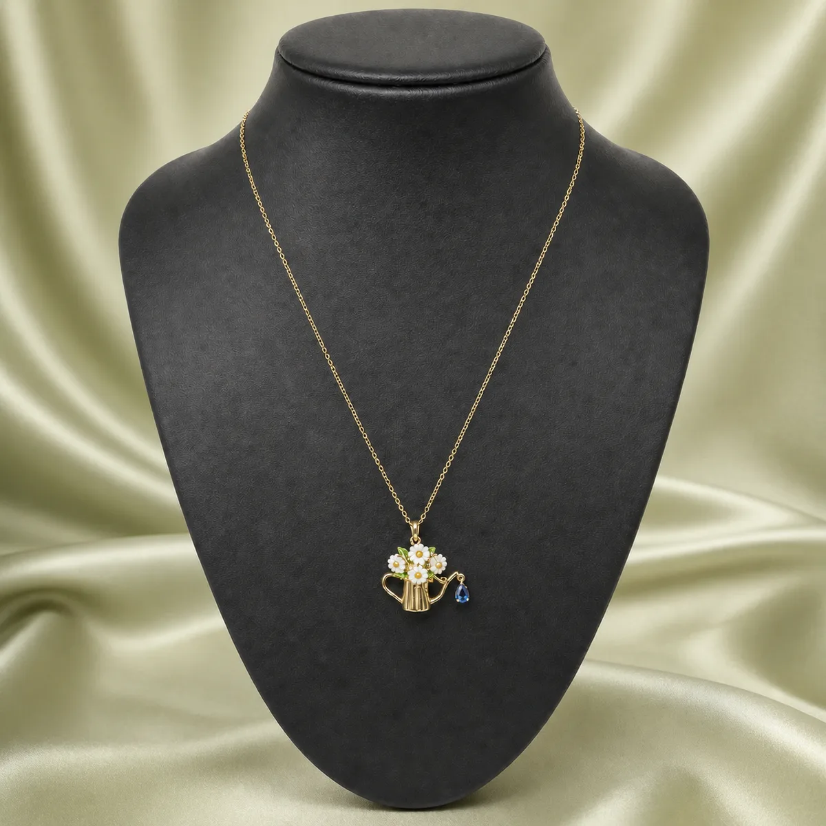 Gold Daisy Watering Can Blue Drop Necklace — view 3